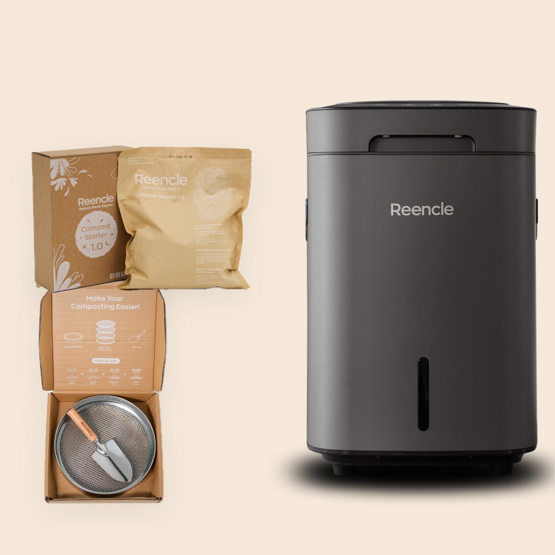 Reencle Prime Bundle in Silver: Reencle Prime composter with ReencleMicrobe Compost Starter 1.0 and Sifter Set