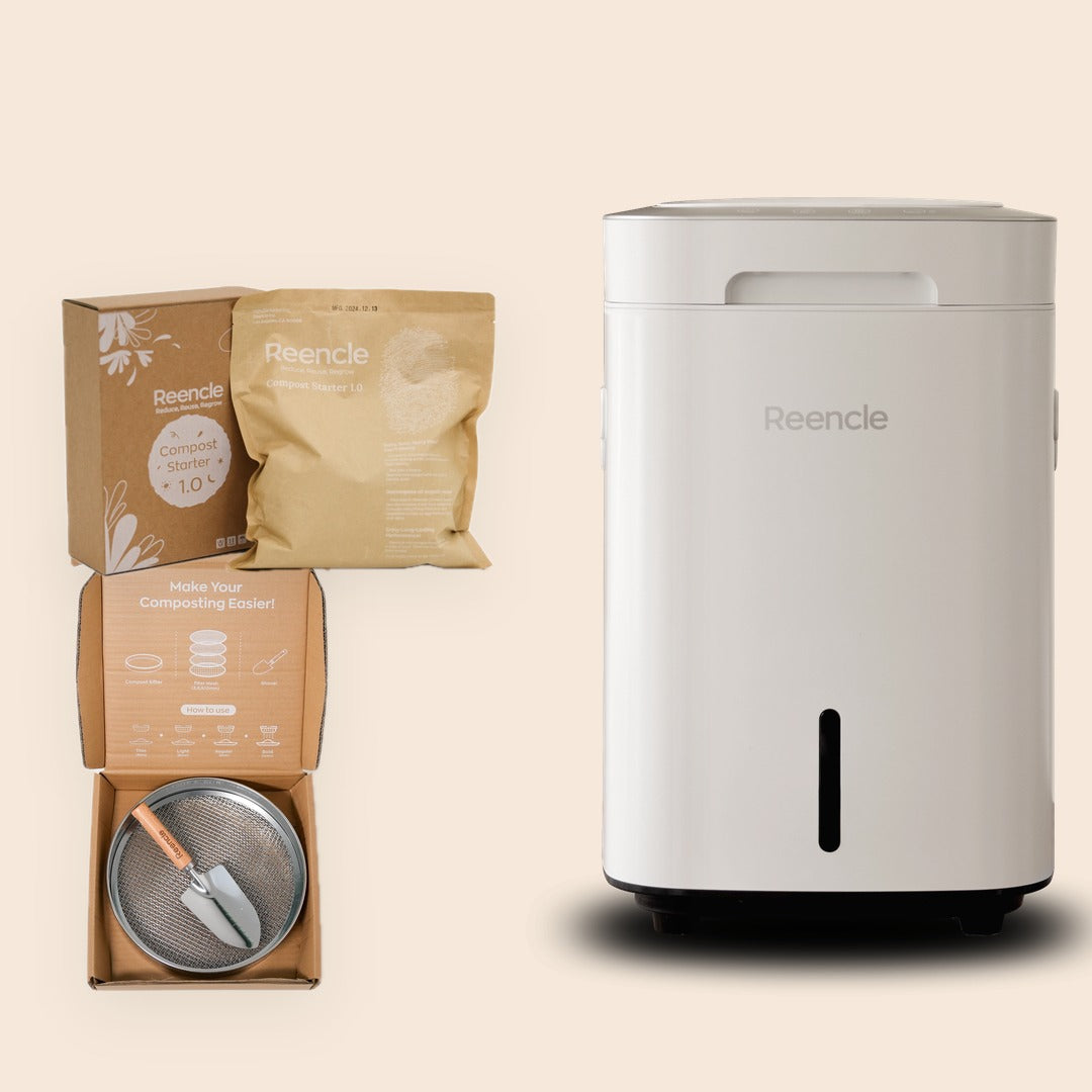 Reencle Prime Bundle in White: Reencle Prime composter with ReencleMicrobe Compost Starter 1.0 and Sifter Set