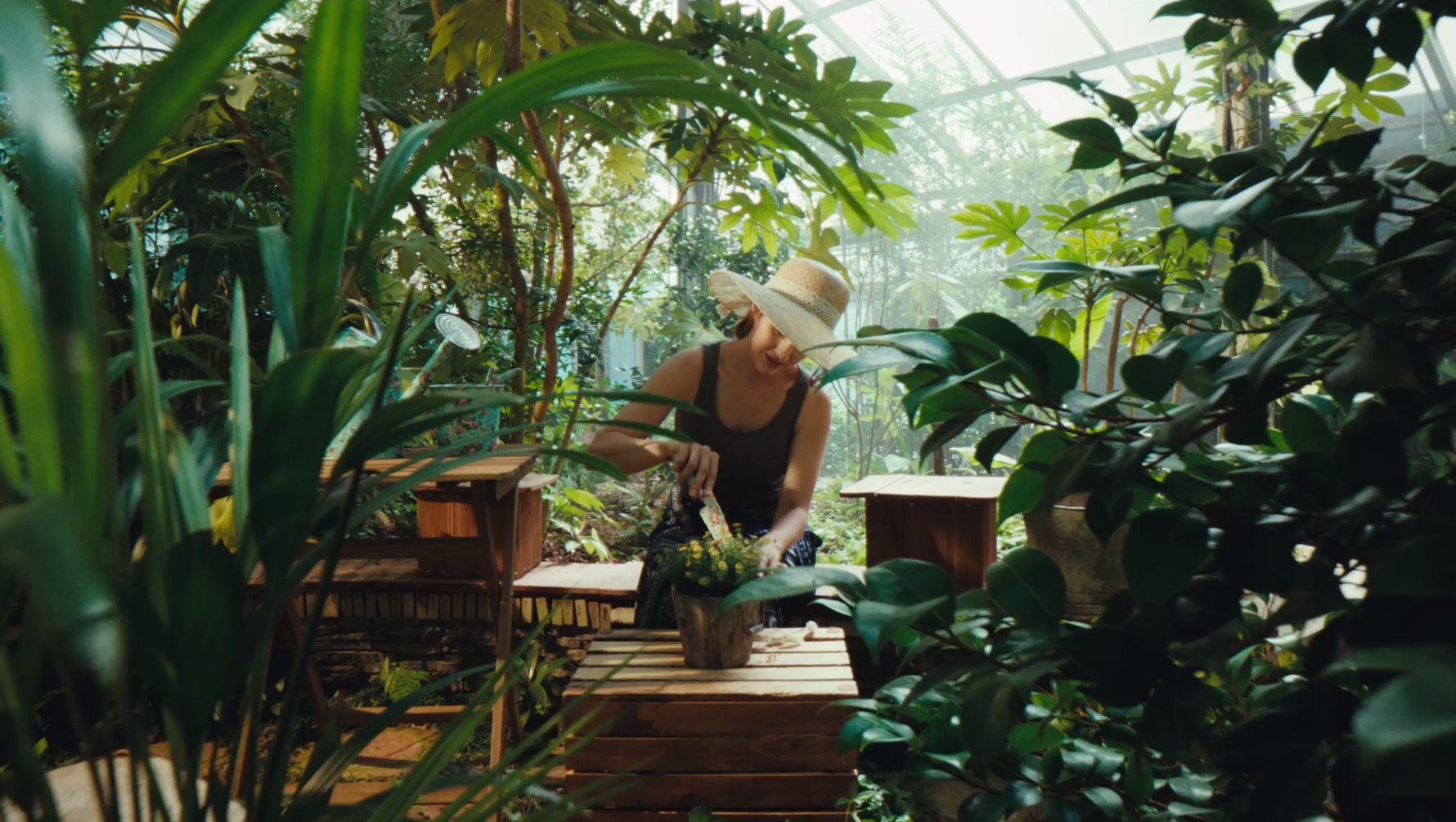 a woman caring a pot in a glass room