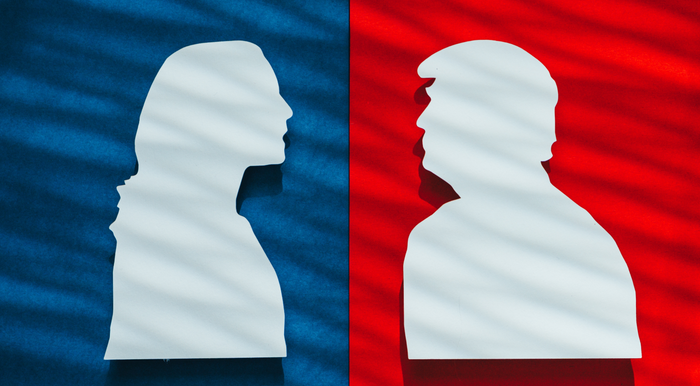 Silhouettes of two political figures facing each other against a split background of blue and red, symbolizing opposing political views or candidates in the U.S. election